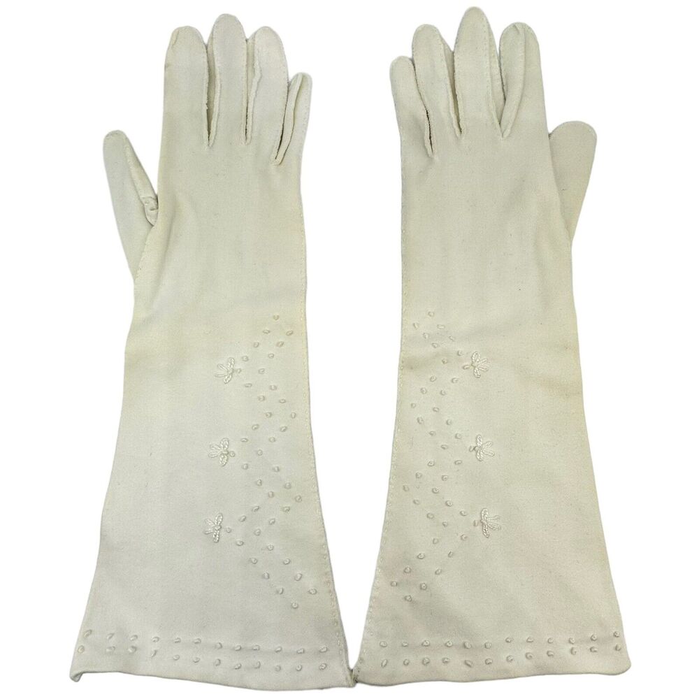 Vintage Embroidered Cotton Gloves 13″ - Size 7½ Made in British Crown Colony